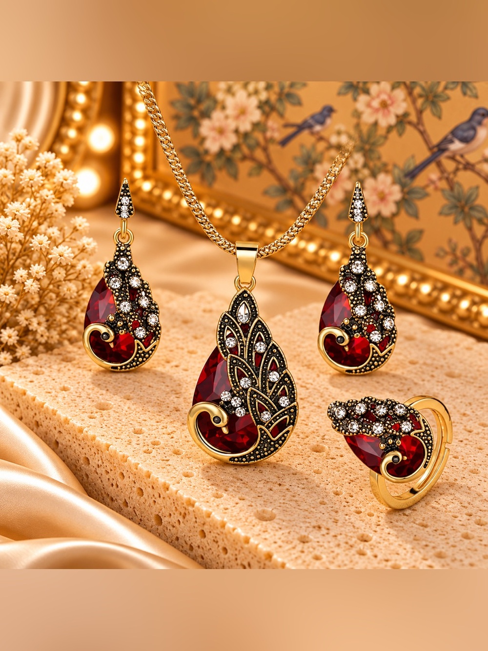 Ornate Peacock Rhinestone Jewelry Set Necklace Earrings Ring